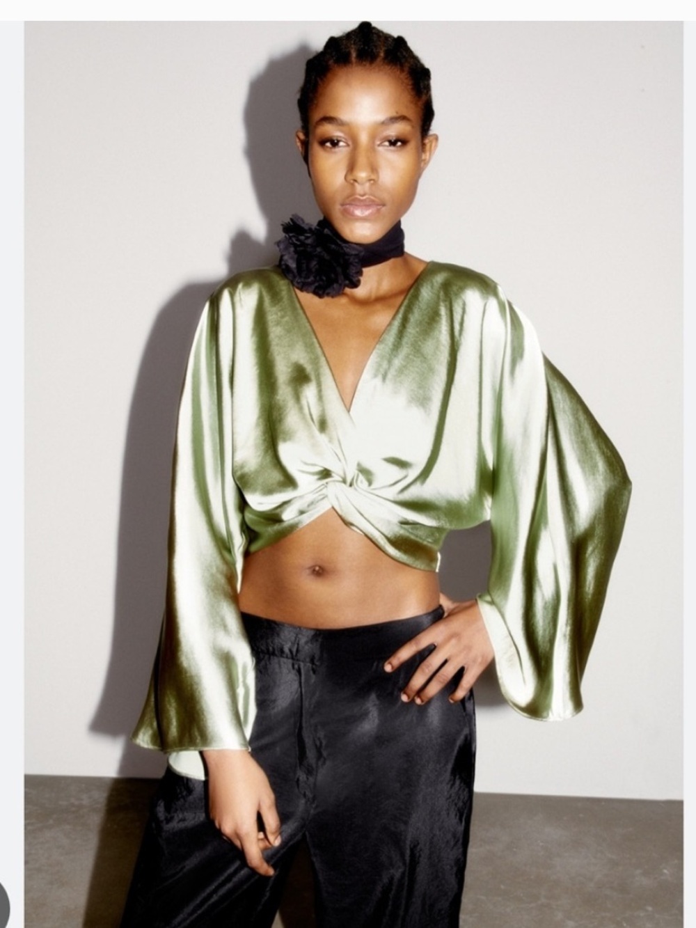 Zara Satin Twist-Front Crop Top in Light Green